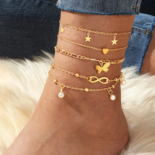 Butterfly Pearl Heart anklet set of 4 multi-layer alloy foot chain women's simple style