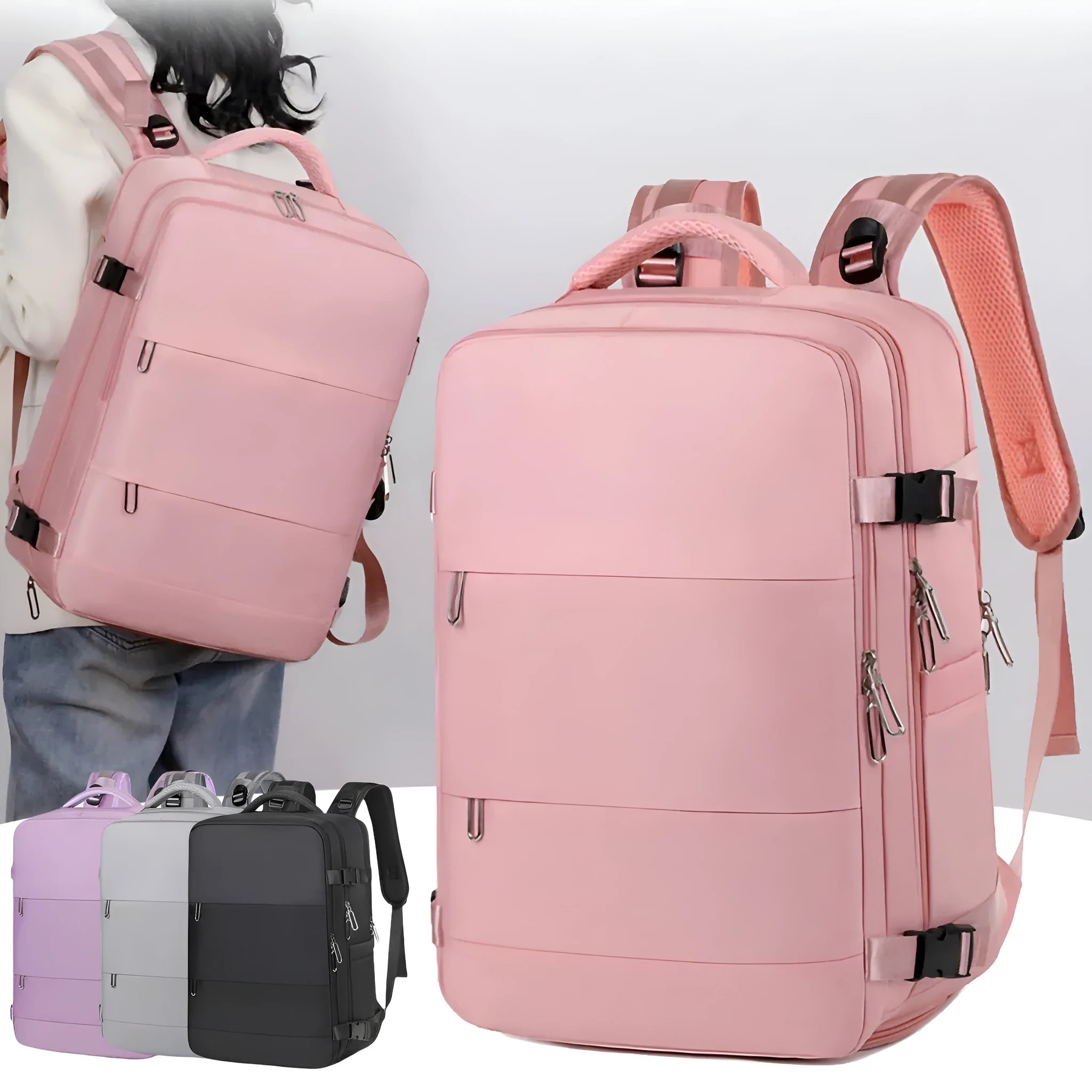 Large purple travel backpack with multiple compartments and an air pillow belt, shown open to display interior organisation.