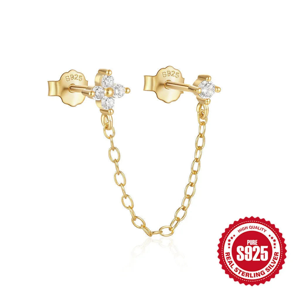 S925 sterling silver ear studs with diamond flower tassel chain design in electroplated golden colour