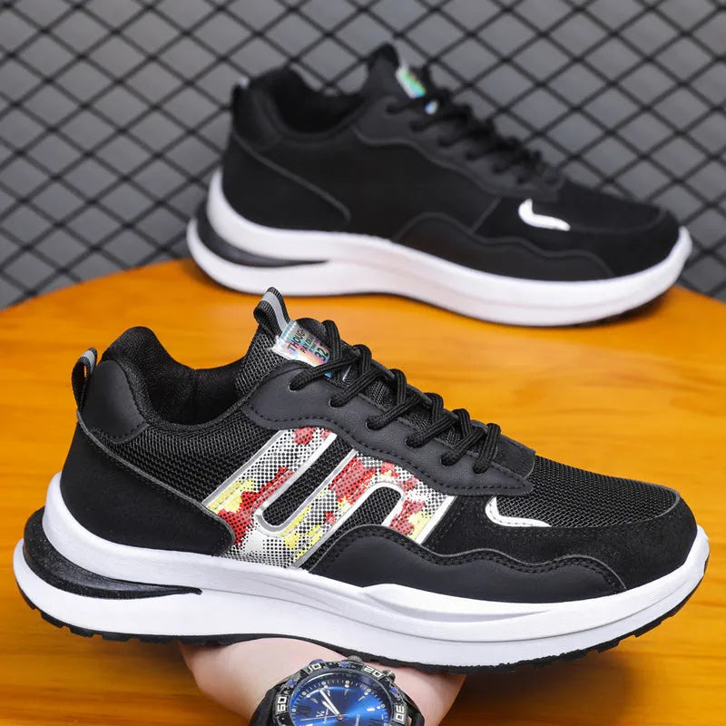 Plus size men's mesh breathable sports casual shoes in white green, black, or grey with leather toe holder