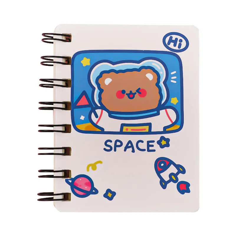 Astronaut flipped pocket notebook showing 10.5x8cm size and space-themed cover options.