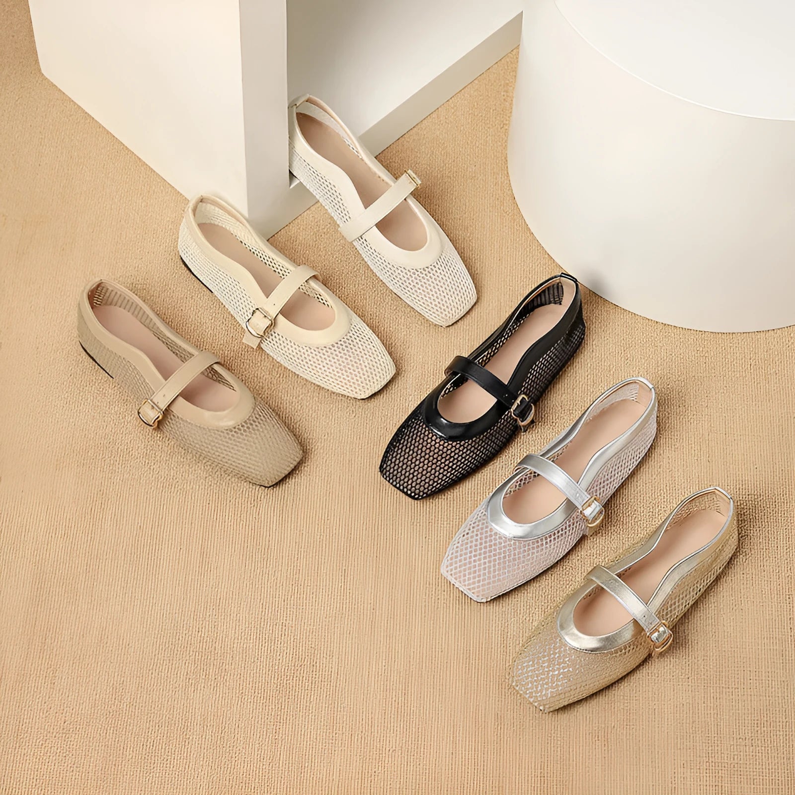Women's beige mesh summer pumps with square toe and buckle closure showing breathable upper design