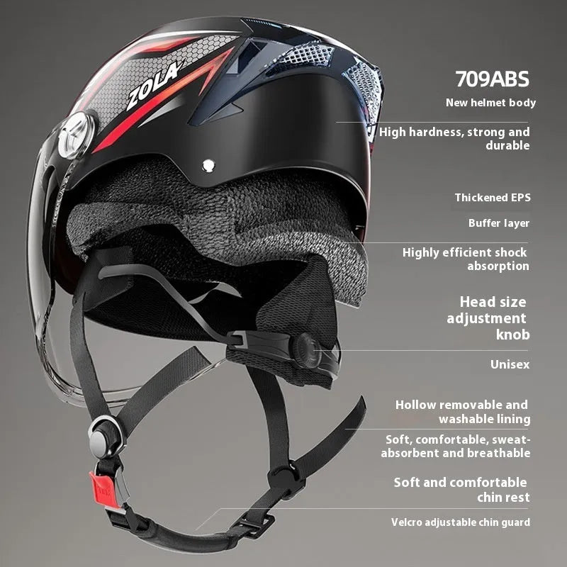 A battery-operated motorcycle half helmet with a double mirror visor in a light brown colour.