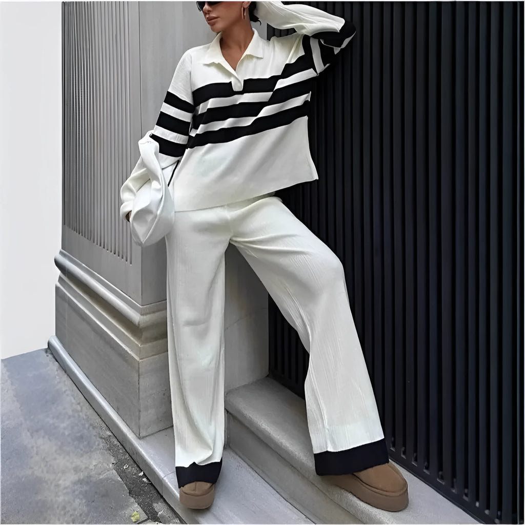 Women's black and white striped polo collar knit top with matching trousers casual two-piece set