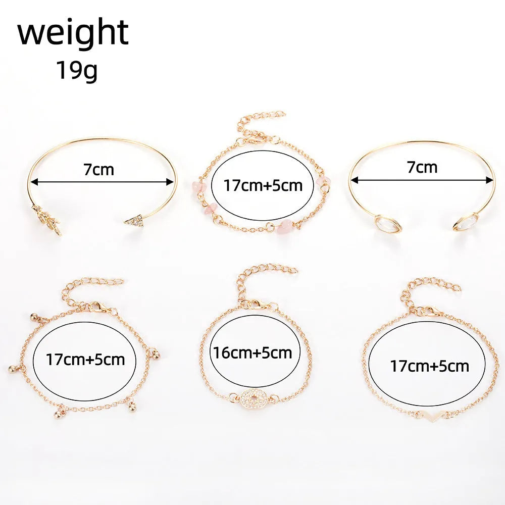 Gold-coloured zinc alloy women's bracelet set with six European-inspired designs including water drop and arrow shapes