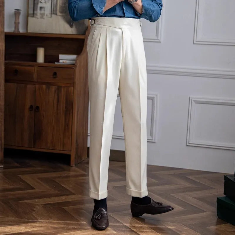 Men's high waist straight leg casual trousers in polyester fabric available in multiple colours and sizes