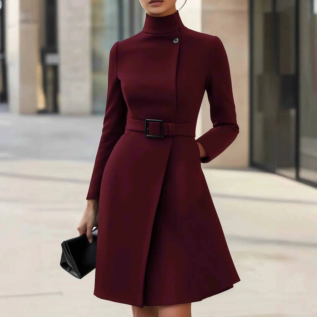 Women's black bohemian style long sleeve dress with high waist and stand collar