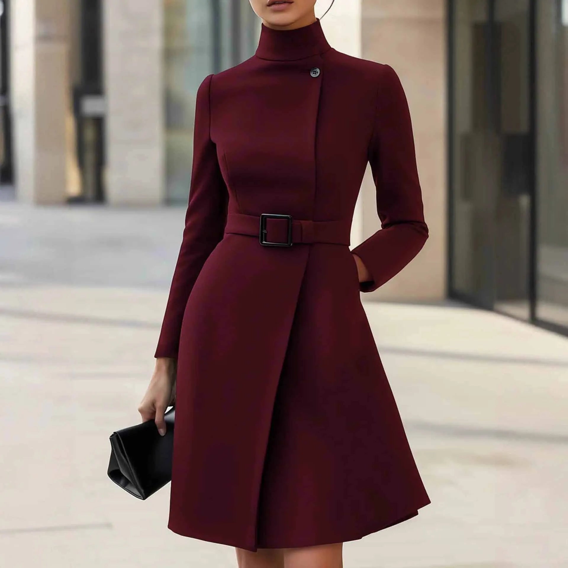 Women's black bohemian style long sleeve dress with high waist and stand collar