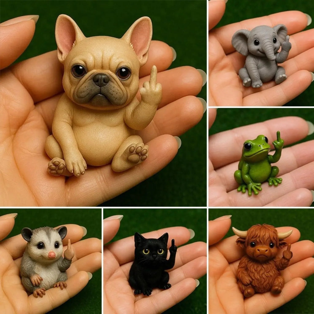Mini resin animal doll figurine making a middle finger gesture, shown in one of seven animal styles.
