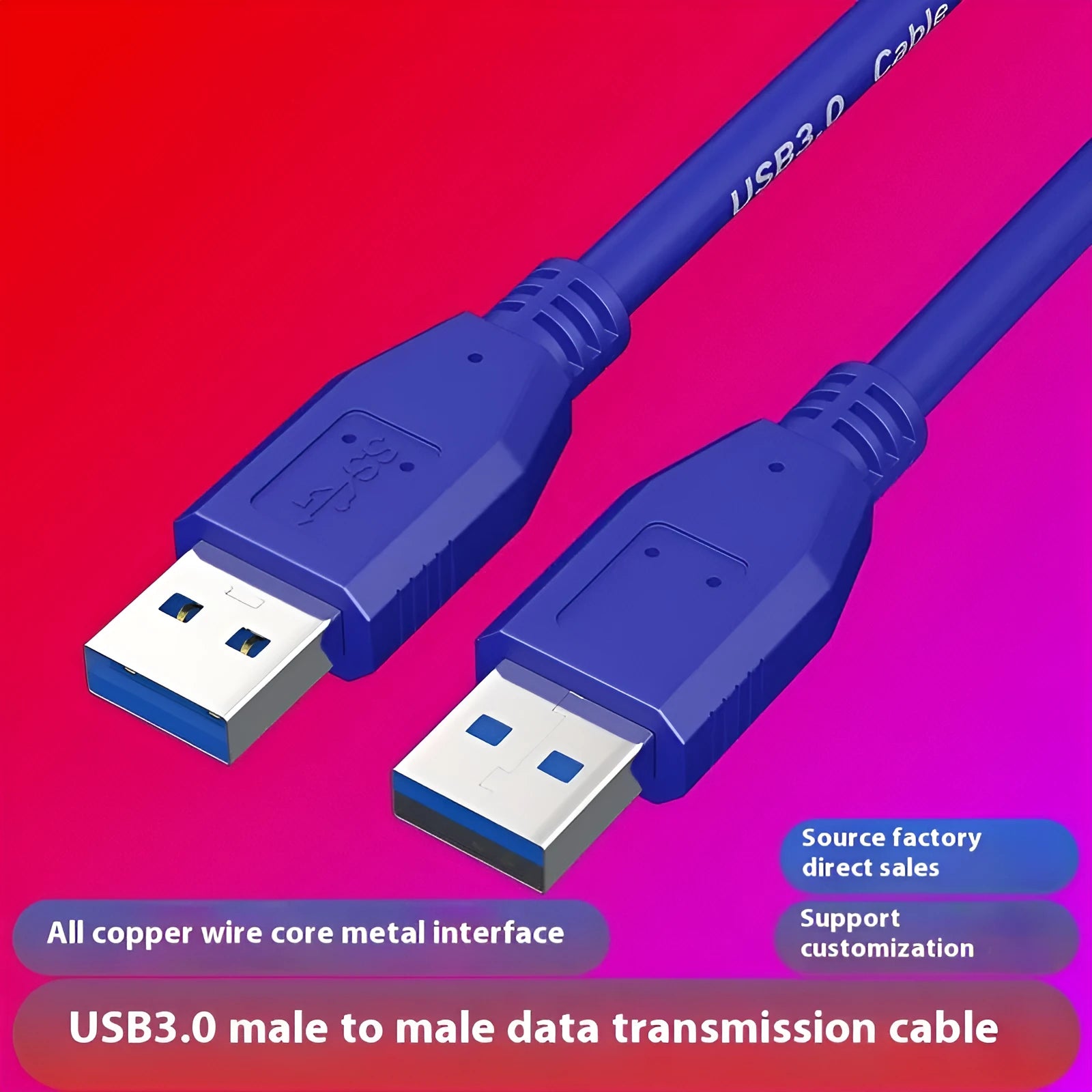 USB 3.0 male to male data cable for external hard drives, showing nickel-plated connectors.