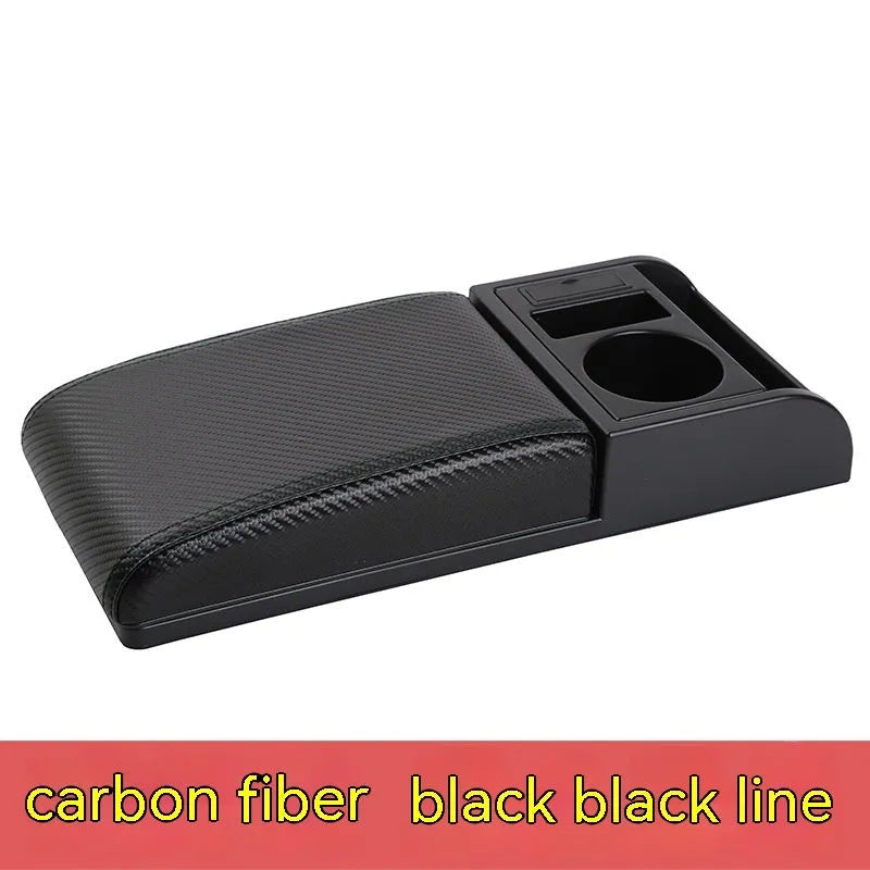 Universal plastic car armrest cover in PU leather black with red accent lines, shown on a centre console.