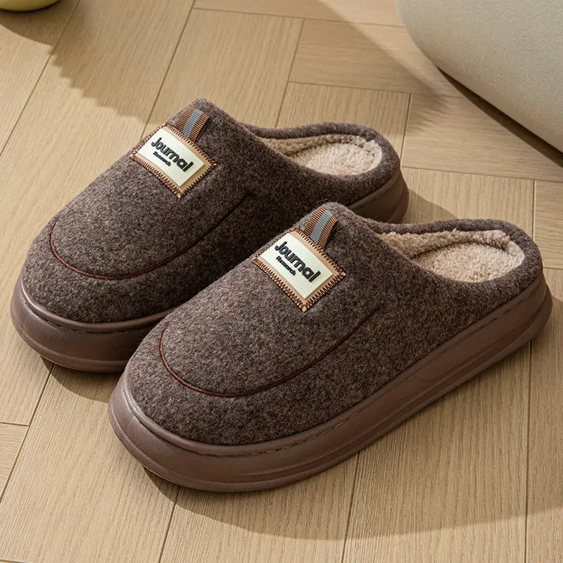 Men's grey and brown suede slippers with a thickened sole for larger foot sizes.