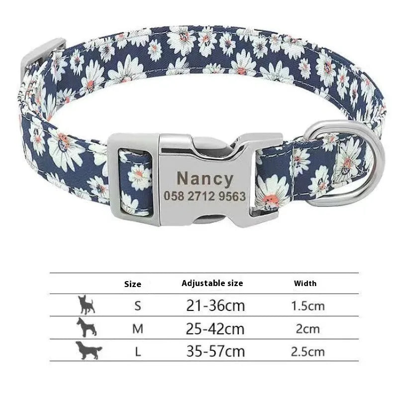 Colourful canvas dog collar with semi-metal buckle in striped floral pattern