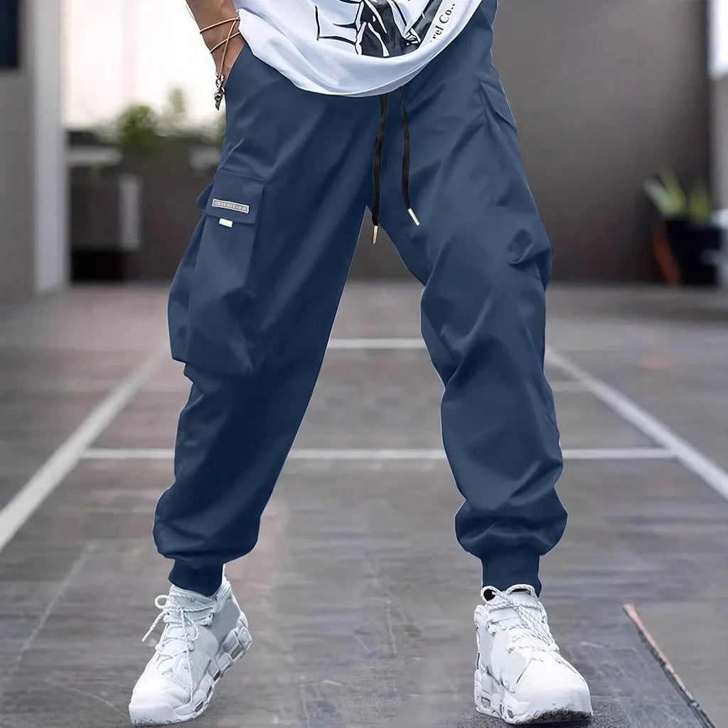 Men's tapered casual polyester trousers in khaki, American retro style