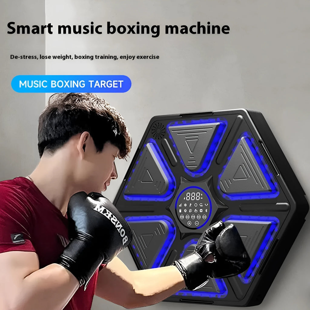 Electronic boxing wall target with music rhythm system showing dimensions and installation options