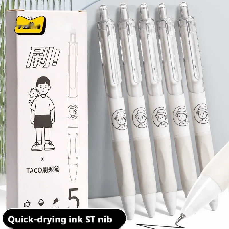 Five neutral black gel pens with 0.5mm black refills for student exams and professional writing