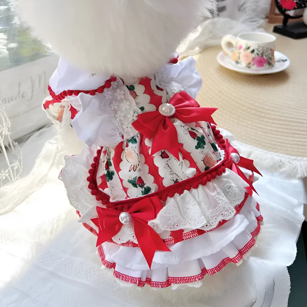 Small dog wearing a rabbit skirt coloured princess-style dress.