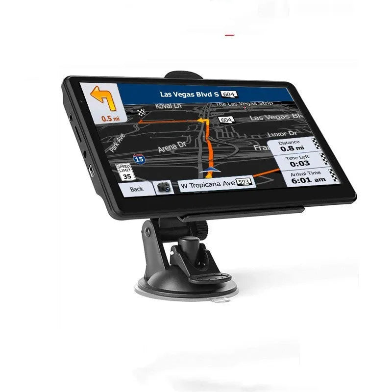 7 inch car GPS navigation device with touch screen display showing maps