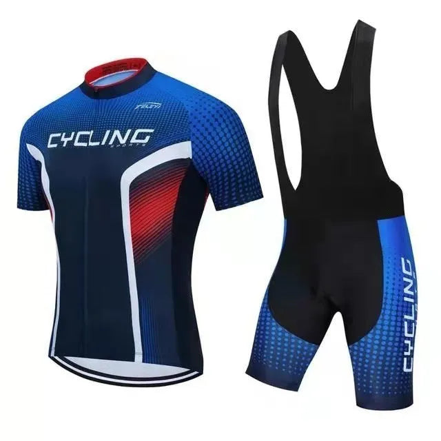 Cycling jersey and pants set for summer biking with moisture-wicking fabric.