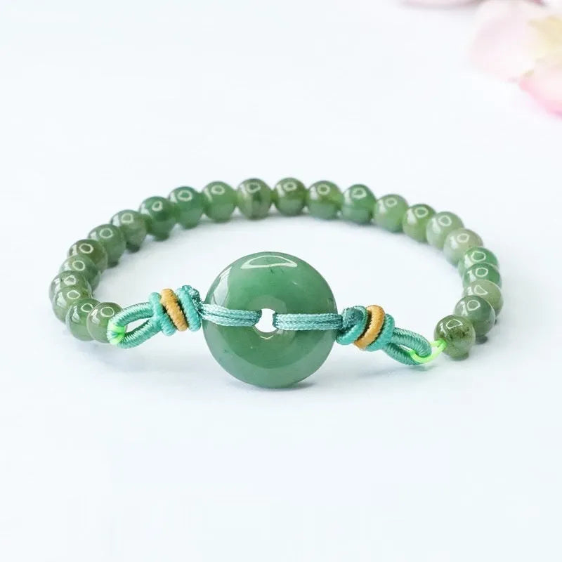 Natural emerald green jade bracelet with safety buckle closure, 6mm diameter, star-shaped national style design