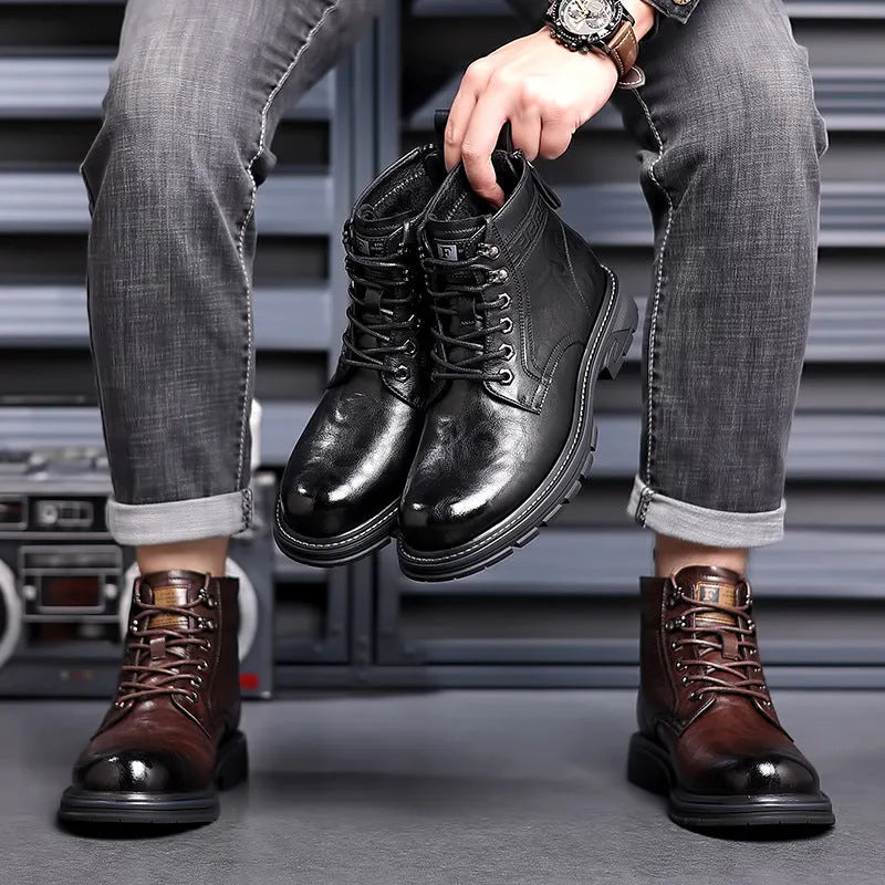 Men's black Martin leather ankle boots with square heel and high shaft on rubber sole