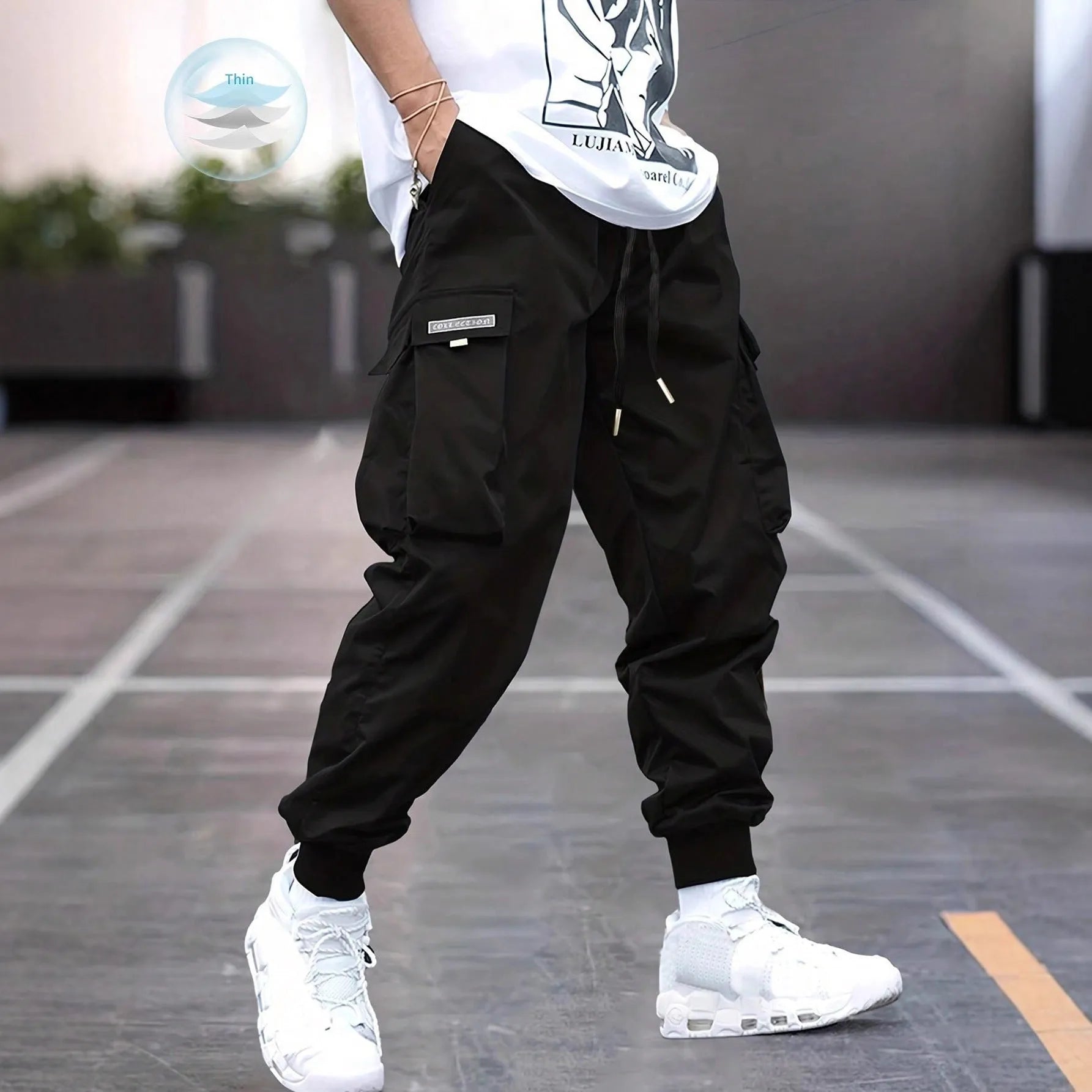 Men's tapered casual polyester trousers in khaki, American retro style