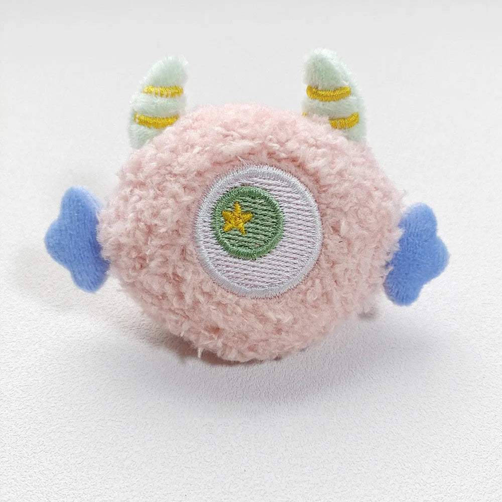 Cartoon-shaped plush dog chew toy with large eyes and squeaky sound feature