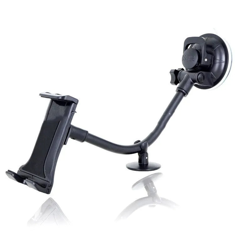 Black universal vehicle-mounted tablet and phone holder with suction cup for 4–12 inch devices.