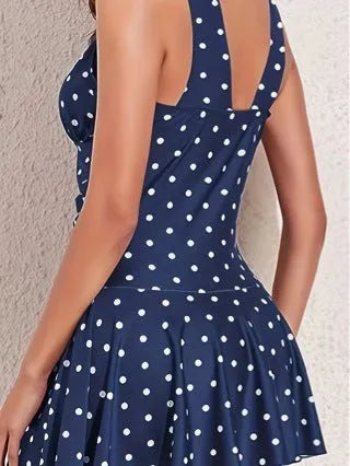 Blue polka dot print plus size women's bikini swimsuit with split skirt design