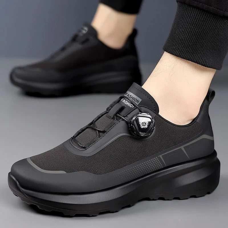 Men's thick sole rotating button casual sneakers in army green with PVC platform and mesh lining