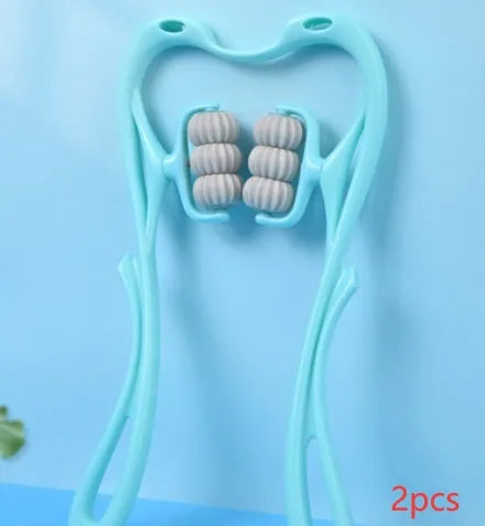 Blue manual swan-shaped neck massager with six rolling wheels and a natural crystal jade scraping board on a white background.