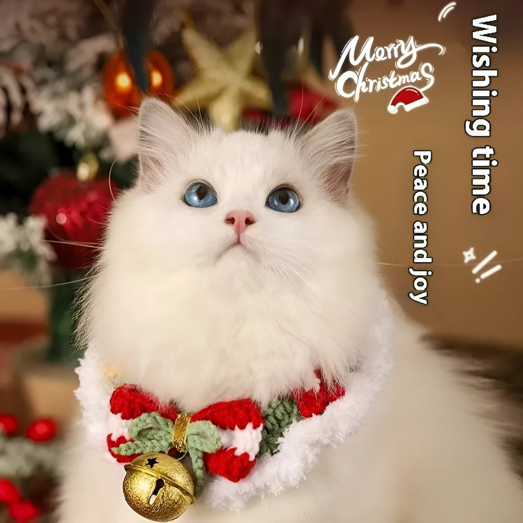 Christmas-themed wool scarf for pets on a dog, showing festive pattern options like snowflake Santa and gingerbread man.