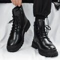 Men's black mid-top PU boots with a flat rubber sole, shown on a white background.