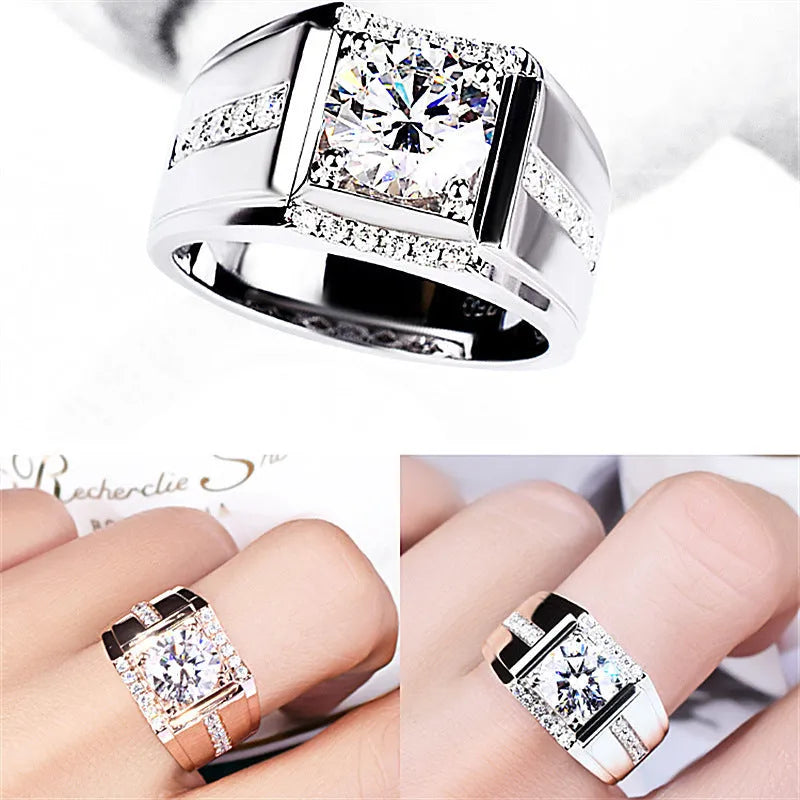 Men's adjustable geometric ring with high carbon zircon stones on a rose gold electroplated band.