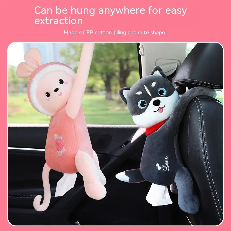 Plush car seat tissue holder with strap attached to vehicle seat back in animal design