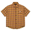 Yellow plaid short sleeve shirt with embroidered pocket for men and women