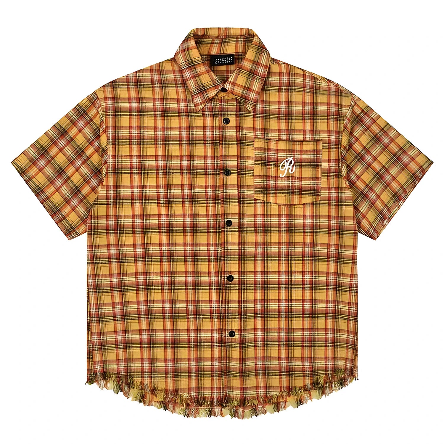 Yellow plaid short sleeve shirt with embroidered pocket for men and women