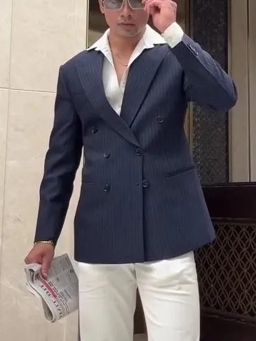 Men's striped double breasted blazer in regular length with classic styling
