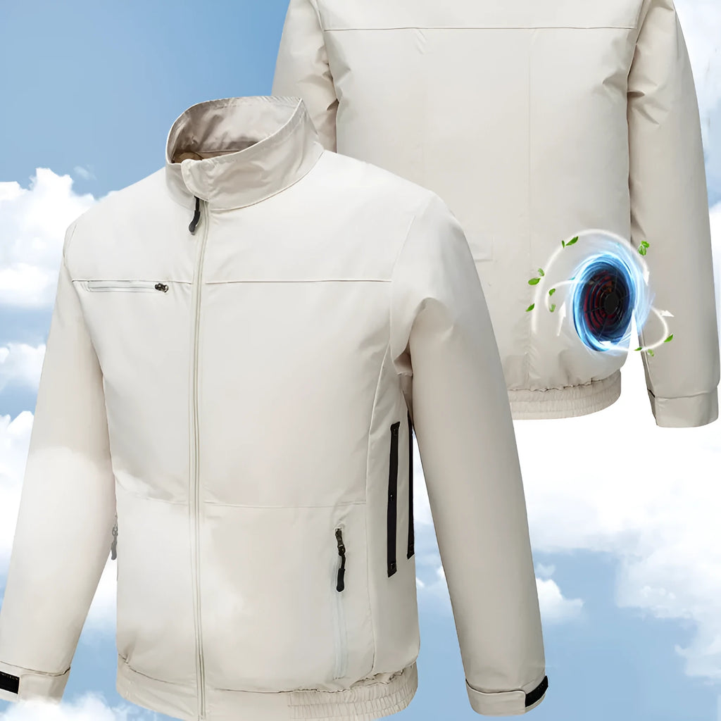 Men's black smart air conditioning work jacket with cooling fan and ventilation holes for outdoor summer use