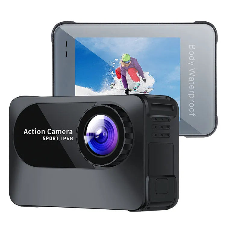 Black outdoor sports action camera with wide-angle lens showing 170° marking and touchscreen.