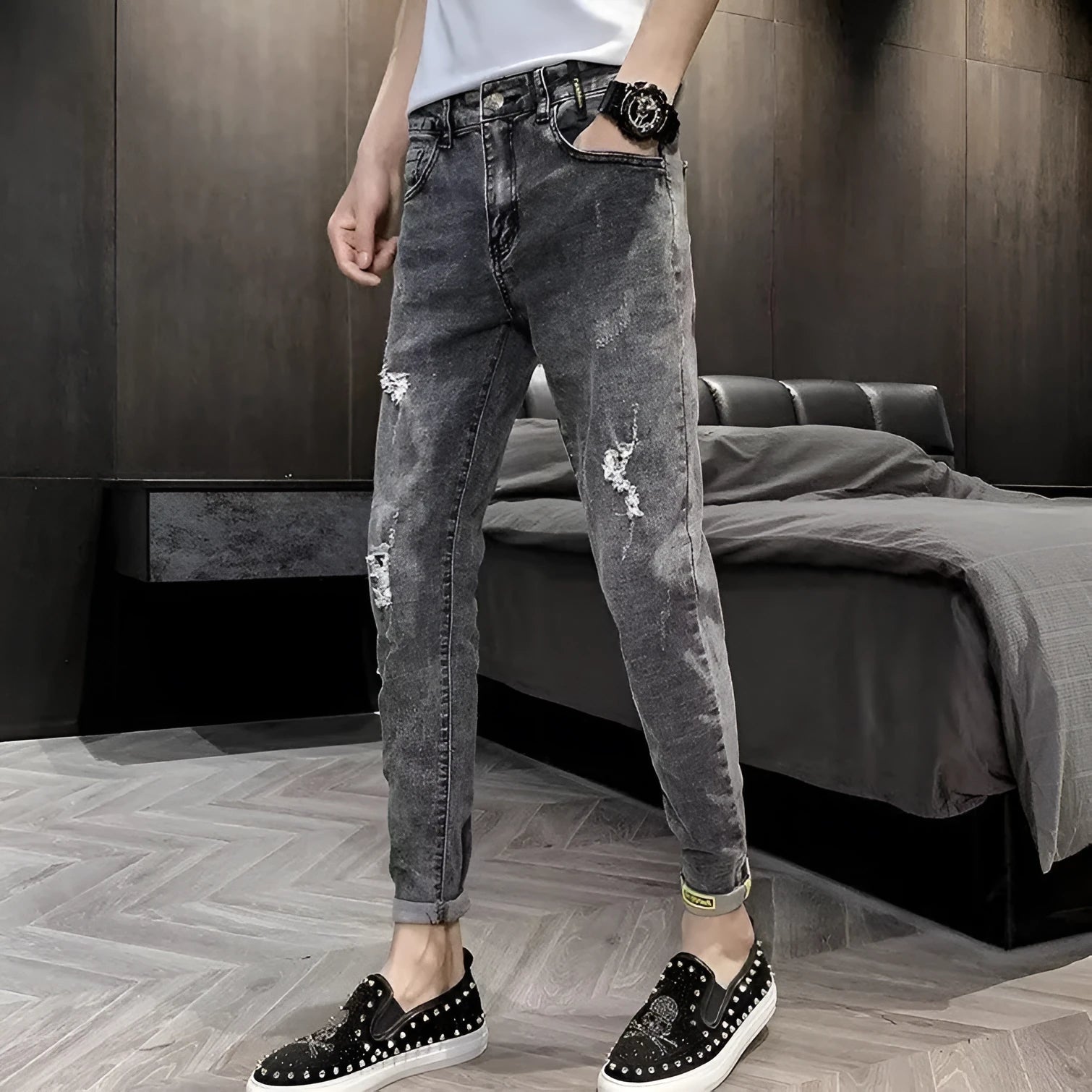Men's high-waist blue denim jeans with button fly and standard trouser length on mannequin