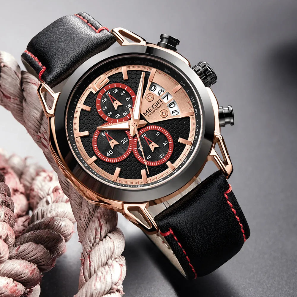 Men's black multifunctional waterproof luminous watch with leather strap and chronograph display