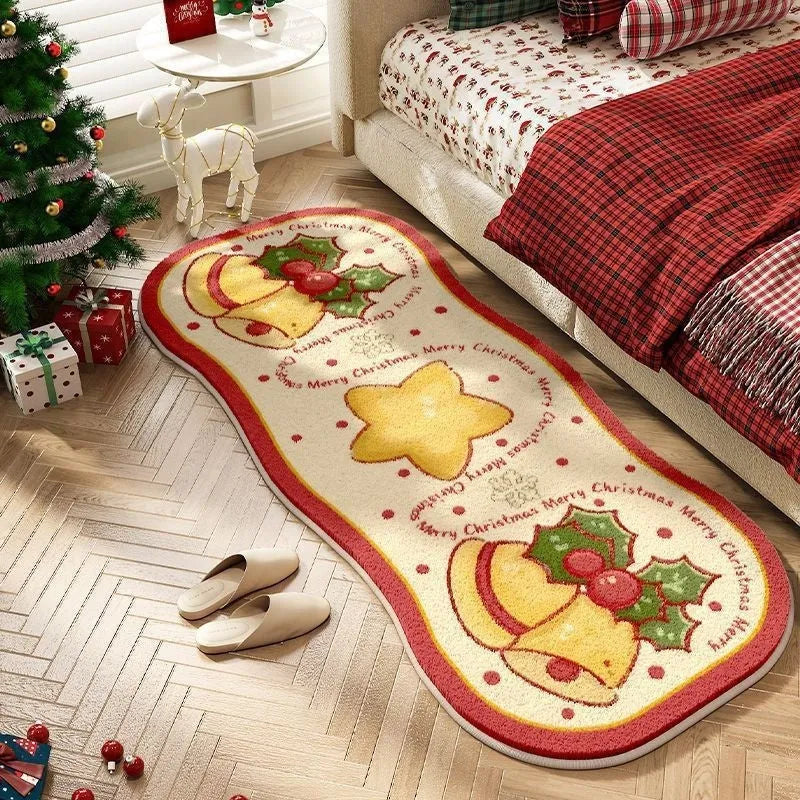 Alien-shaped imitation cashmere Christmas carpet with festive patterns on a wooden floor.