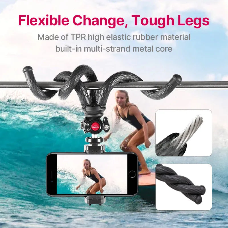 Black aluminium mobile phone tripod set with adjustable legs and phone clip attached