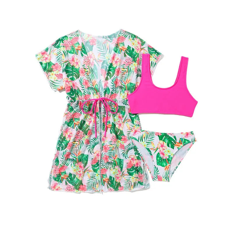 Girls' two-piece swimsuit with Korean floral pattern in polyester fabric, sizes 130cm to 160cm for ages 3-12