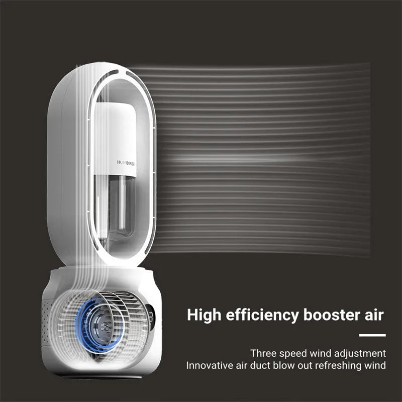 White bladeless table fan with humidifier tank on a desk, showing USB port and control buttons.
