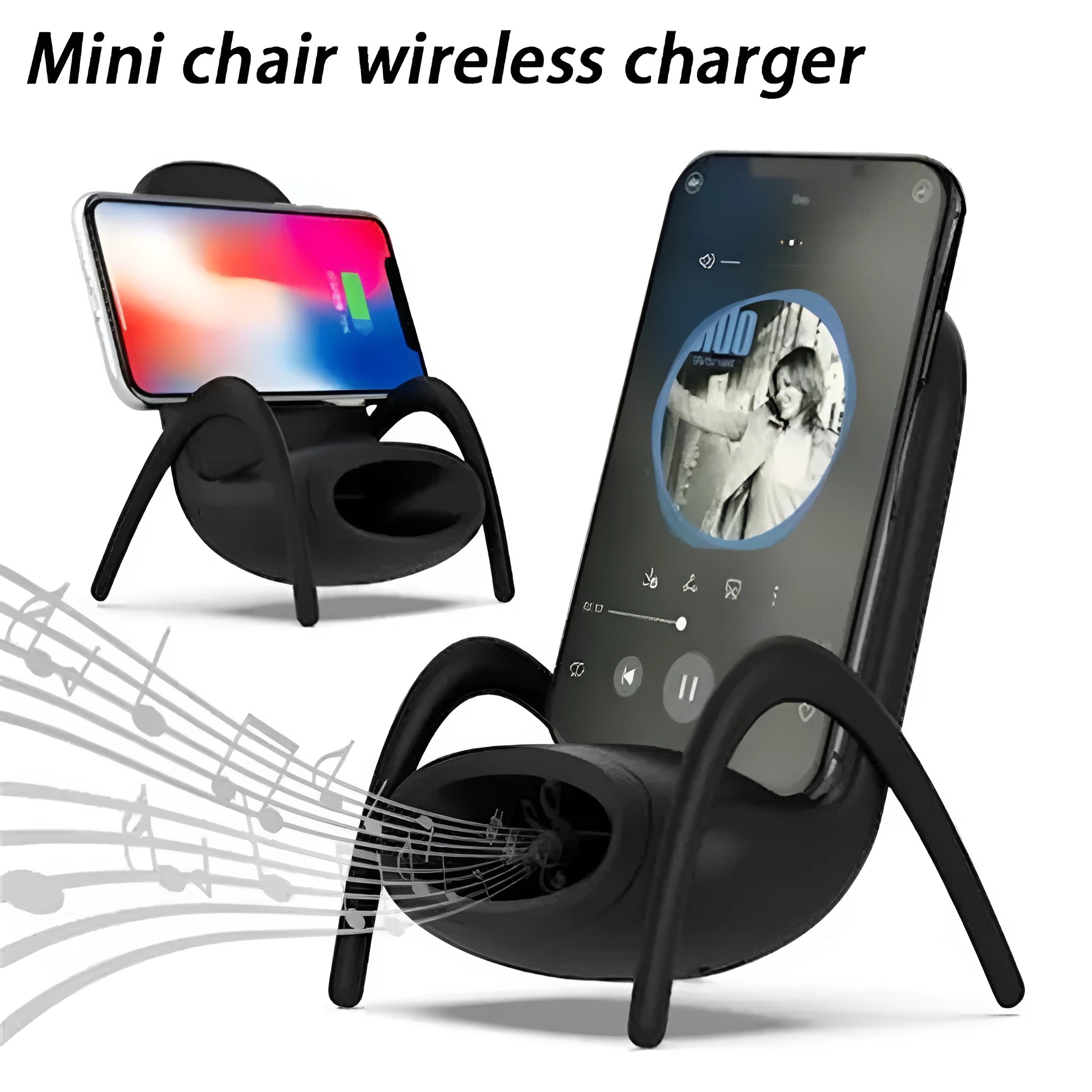White mini chair shaped wireless charging stand holding a mobile phone at an angle