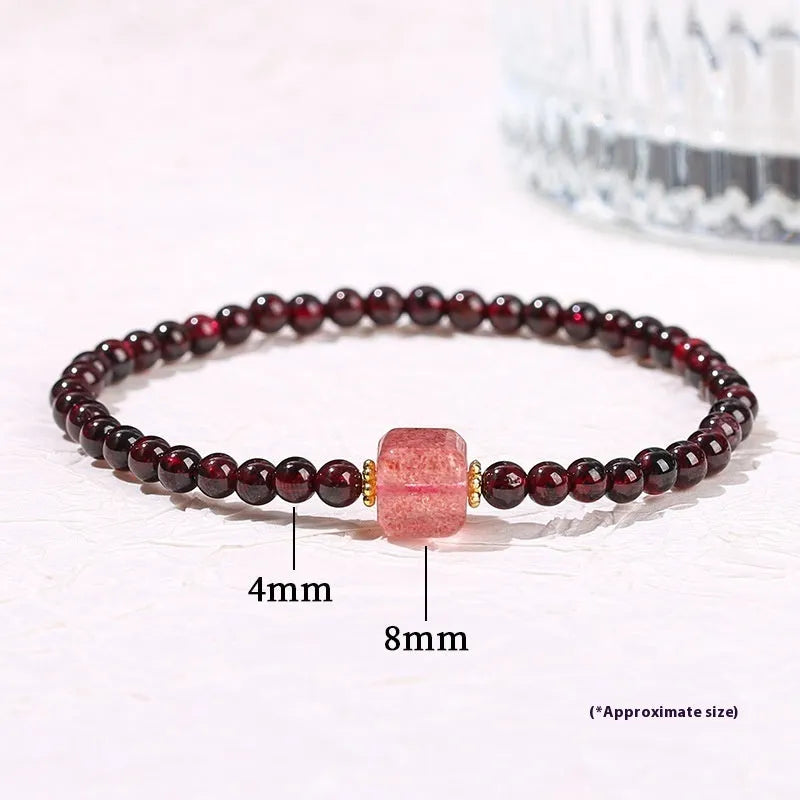 Women's geometric square bracelet with natural 3A garnet and purple sand pixiu strawberry quartz beads