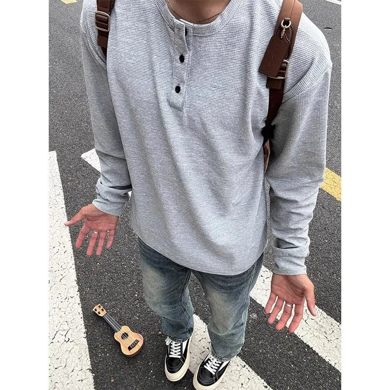 Men's loose pullover round neck long sleeve shirt jacket in black, chemical fibre blend, size M-XXXL