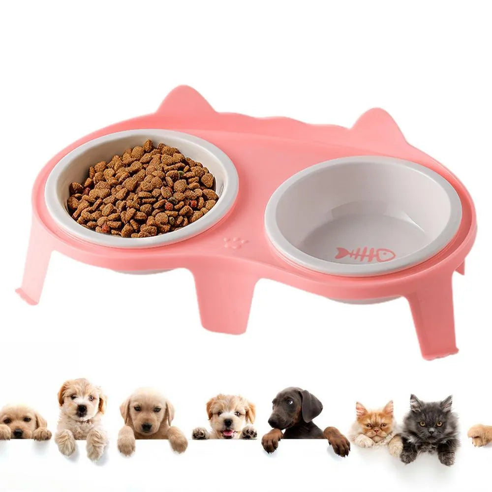 Ceramic elevated cat food and water bowl set with tilted stand in choice of colours